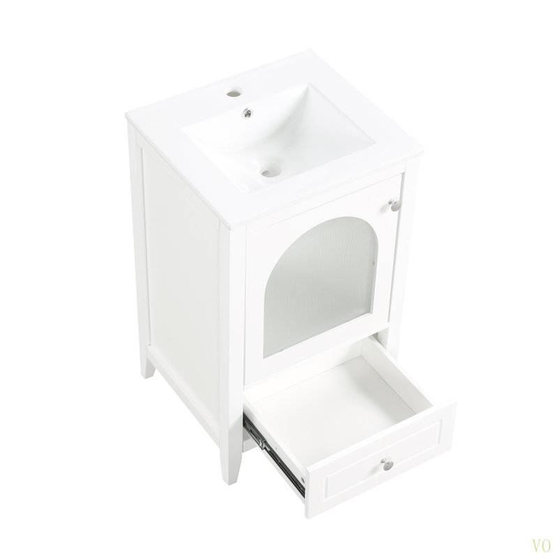 Meuble-lavabo de 20 po avec lavabo, armoire de salle de bain avec porte en verre à fermeture douce, tiroir, Blanc