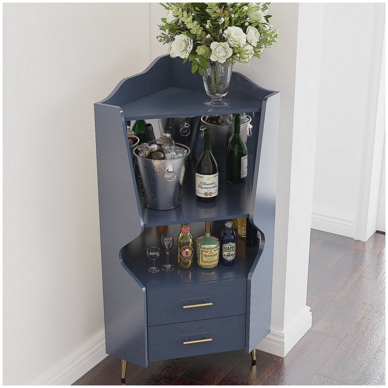 Wooden Corner Bar Cabinet with Open Shelves, Drawers, Mirrored Back, and High Legs for Easy Cleaning, Black