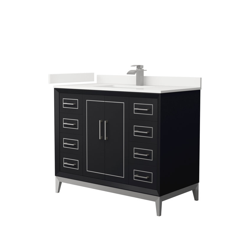 Meuble-lavabo sur pied simple avec comptoir en quartz 42 po Marlena, Nickel brossé, Noir, noir, noir, noir, Quartz Giotto