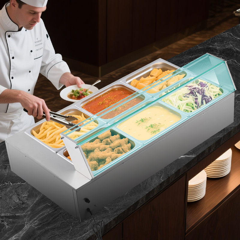 Chauffe-plats commercial 6 x 1/2 casseroles Buffet Bain Marie avec couvercle en verre