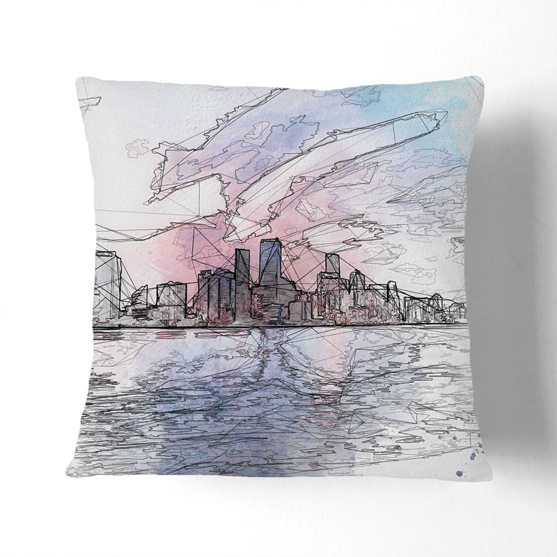 Miami Florida Skyline Sketch Cushion with Filling, 40cm H x 40cm W x 15cm D, White