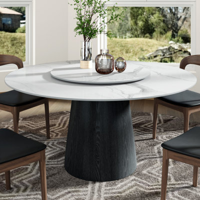 Mid-Century 53" Round Pedestal Dining Table, Modern Glossy Sintered Stone Tabletop & Rotating Lazy Susan