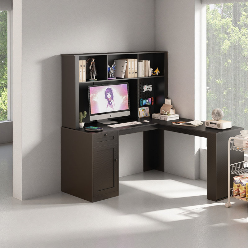 L Shaped Desk With Charger,Computer Desk With Drawers,Bookshelf,Modern Corner Desk,Home Office Desk,L-Shaped Study Table Writing Desk,Carbon Fiber Gaming Computer Desk With Storage