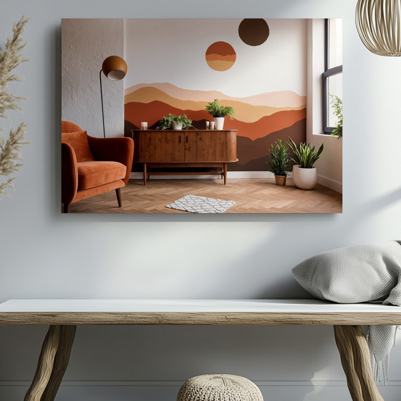 Toile une scène intérieure moderne avec un élégant buffet en bois contre un art mural, un mur texturé orné d'un grand art mural abstrait sur toile