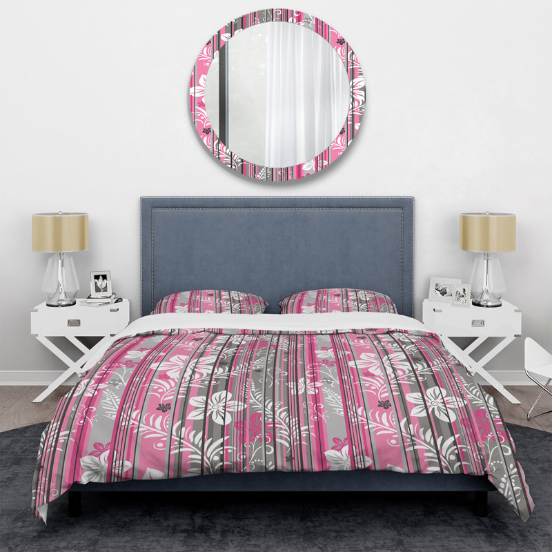 Ensemble de housse de couette à rayures florales roses et grises - Polyester en microfibre