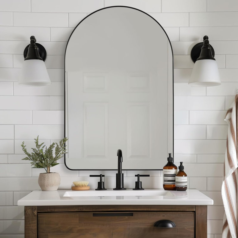 Hafsa Antique Arched Bathroom Vanity Mirror | Stainless Steel Frame, 35" x 22", Matte Black