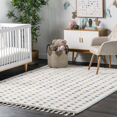 Weishaar Polka Dot Tasseled Shag Kids Nursery Ivory Rug