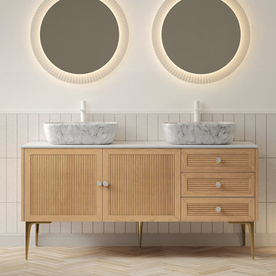 MUNIN 60" Bathroom Vanity&Sinks, Freestanding Plywood Storage Cabinet With Legs, 2 Door&3 Drawers, Carrara White Sintered Stone Top&2 Marble Pattern Ceramic Basins, Pre-Assembled, Oak Woodgrain Color