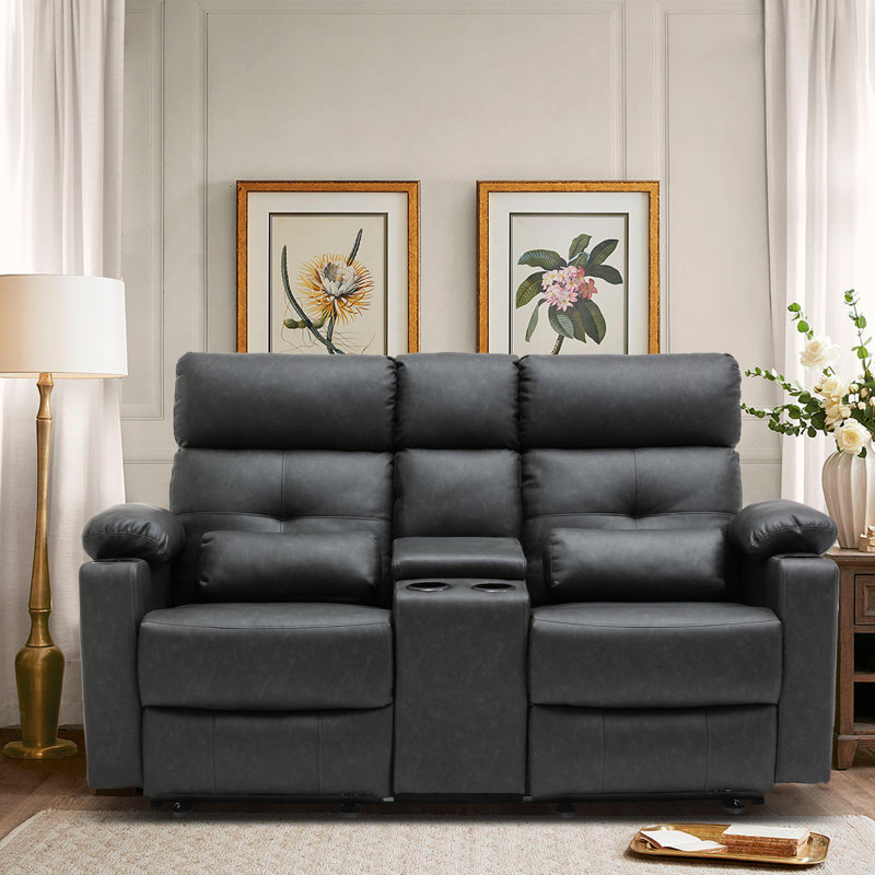 68.9" Leather Power Reclining Loveseat with Heat, Massage & Storage– Dual Power Sofa with Remote, Cup Holders, Pillows– Ideal for Living Rooms & Home Theaters