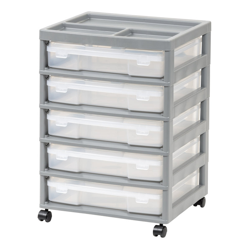 Clear and Gray 5-Drawer Rolling Storage Cart with Organizer Top