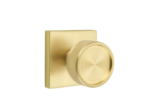 Ensemble de faux boutons Emtek Select avec rosette carrée, tige conique et bouton moleté, Laiton satiné
