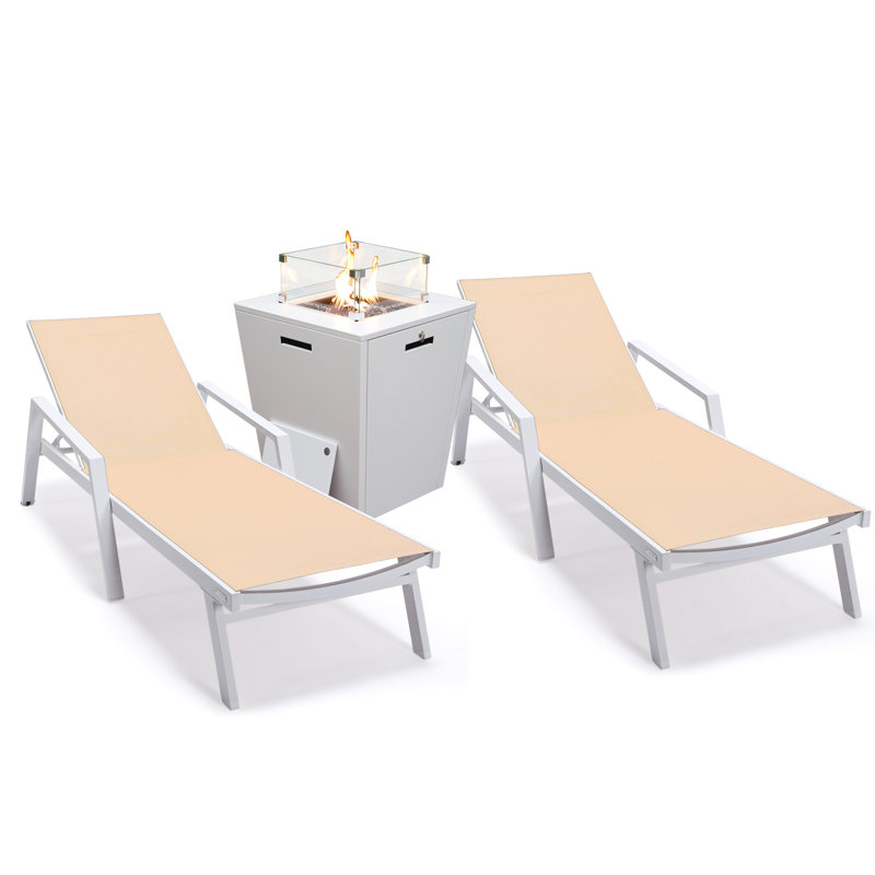 Outdoor Aluminum Chaise Lounge Armchair with Fire Pit Side Table, Dark Gray