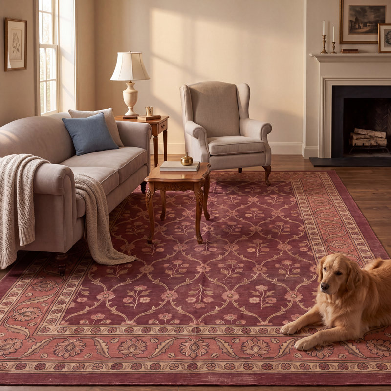 Tapis Anhydrite Traditionnel à Motifs Florals Allover Bordeaux Cuivre Vert Crème Rose Antidérapant à Poils Courts Intérieur Extérieur Adapté aux Animaux de Compagnie Salon Chambre Salle à Manger Entrée Couloir Bureau Lavable
