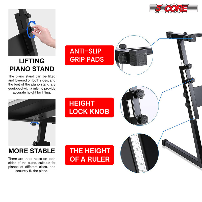 5 Core Keyboard Stand Adjustable z Style Piano Riser + Keyboard Piano Bench, Black