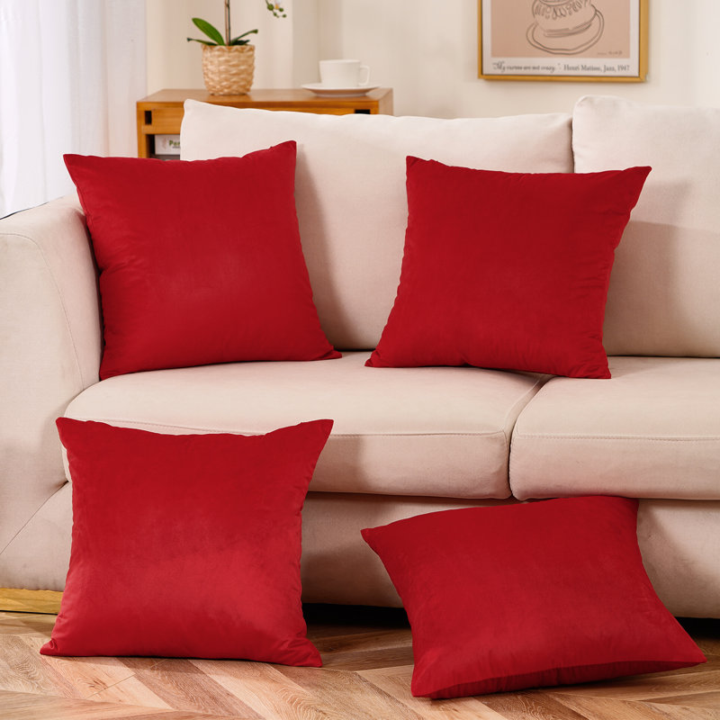 Set Of 4 Throw Velvet Cushion Covers, 18"H x 18"W, Wine Red