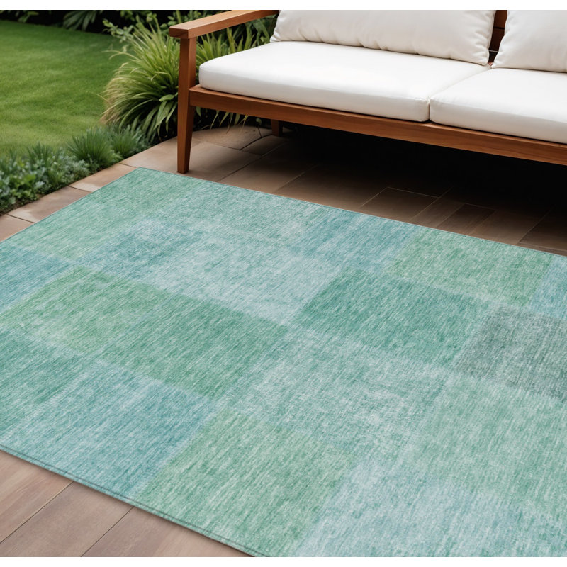 Tapis intérieur / extérieur 9 pi x 12 pi bleu sarcelle et vert patchwork lavable, Rectangle 9 pi x 12 pi