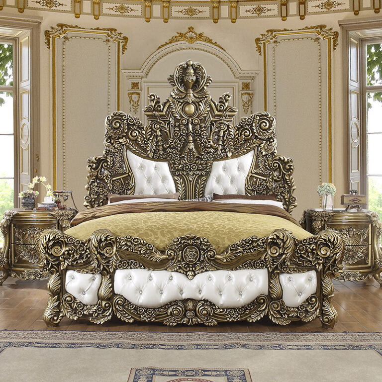 Bronze Hand Carved Bed with Bonded Leather, California King