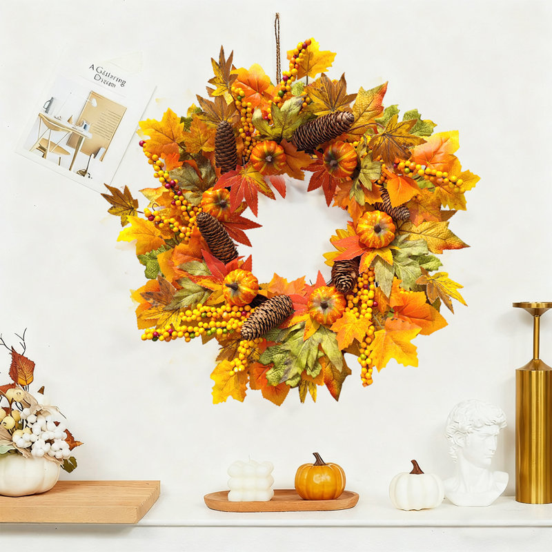 Fall Wreaths For Front Door 20'' Autumn Pumpkin Wreath Large Harvest Maple Wreath Fall Decoration For Home Halloween Thanksgiving Decoration