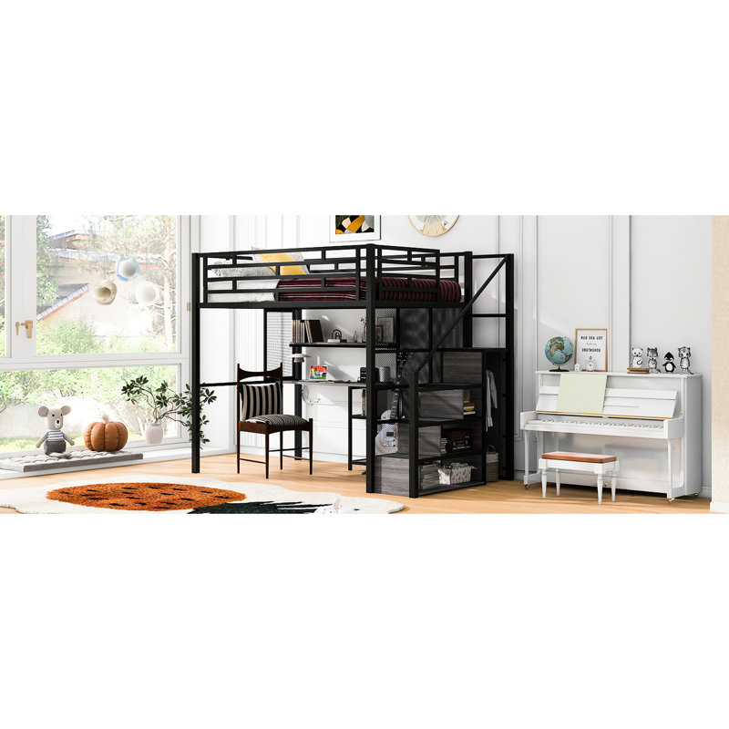 Lit mezzanine en métal noir avec bureau pour l'utilisateur, garde-robe et tablettes de rangement, Noir