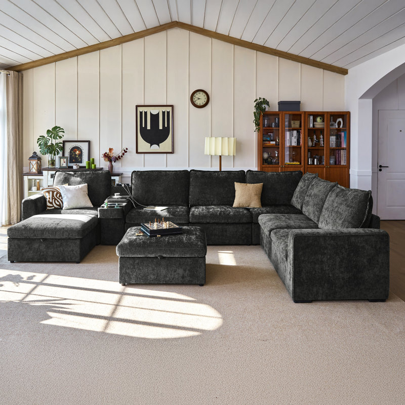 Olar U-shaped 8-seater Oversized Modular Sofa Set Chenille Cloud Couch With Versatile Console, Side Table With Charging Storage Cup Holder