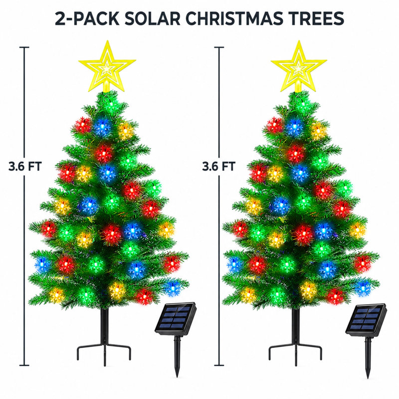 Lot de 2 sapins de Noël solaires de 1,10 m avec guirlandes lumineuses en forme de flocons de neige