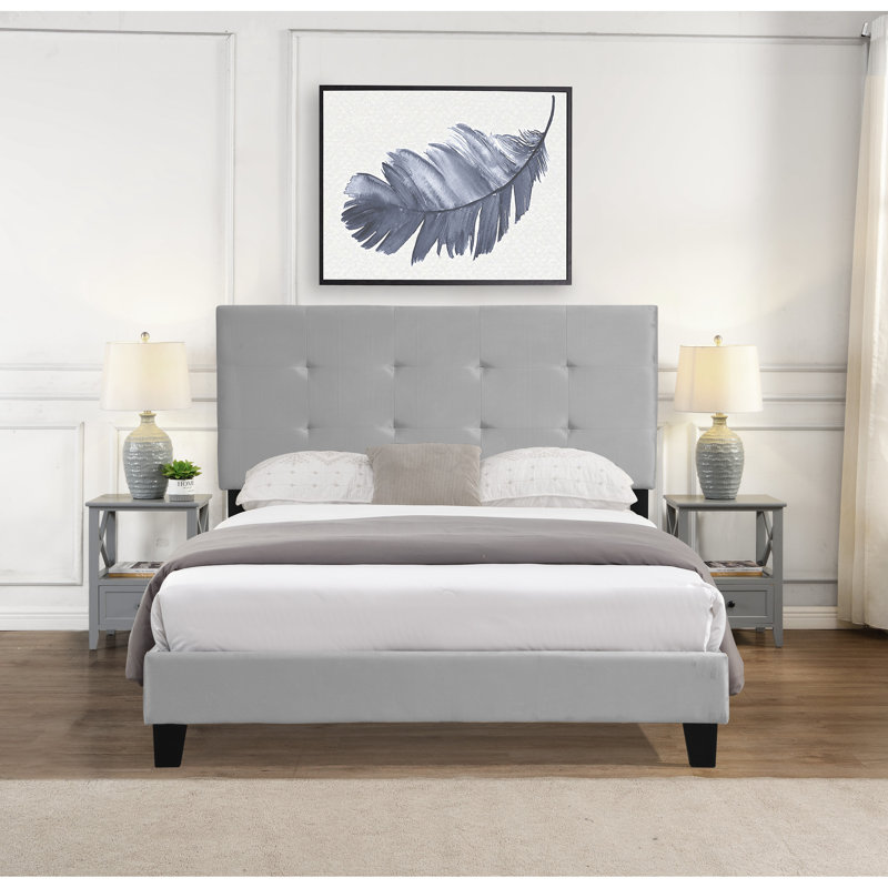 Structure de lit grand format avec tête de lit tapissier gris, support de lattes en bois robuste, sommier à matelas, facile à construire, sans sommier tapissier dans la base, assemblage simple, nécessaire