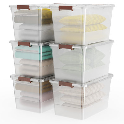 Plastic Clear Storage Bin with Durable Lids and Latching Buckle, 6-Pack Tote Organizing Box Stackable and Nestable