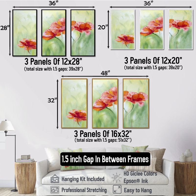 «Red Blossoming Poppies I», peinture sur toile 3 pièces, Noir, H 28 po x l 36 po