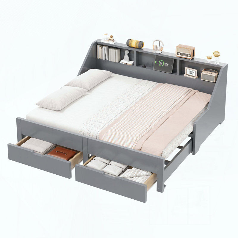 Structure de lit de jour simple à très grand avec rangement et chargement USB, Gris