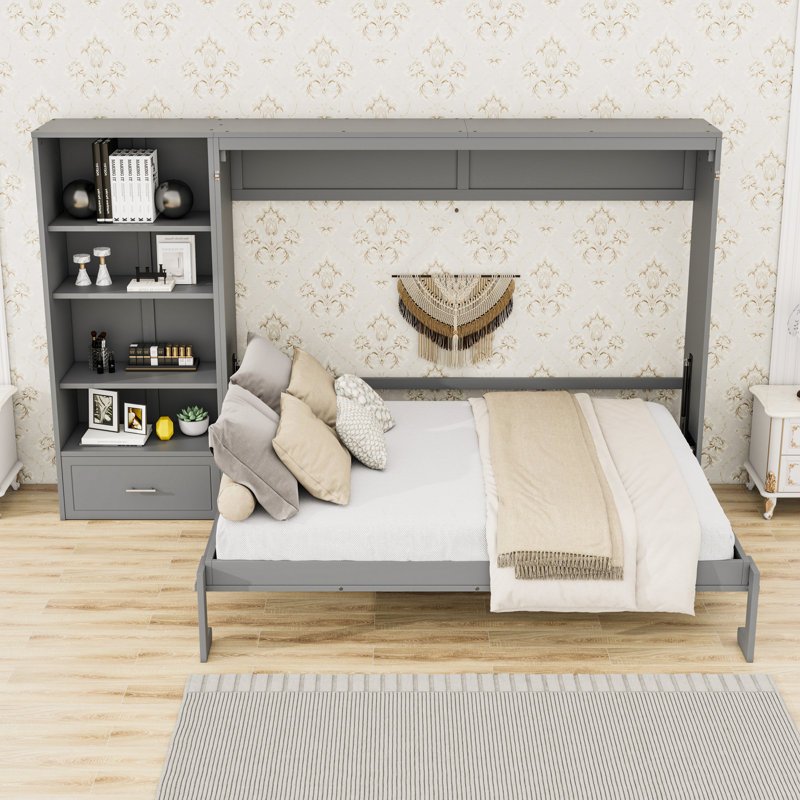 Grand lit escamotable avec compartiments de rangement réglables, tiroir et tablettes, gris