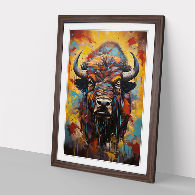 Buffalo Hard Edge Painting - Single Picture Frame Print on Wood, 64cm H x 46cm W x 2cm D, Walnut Framed