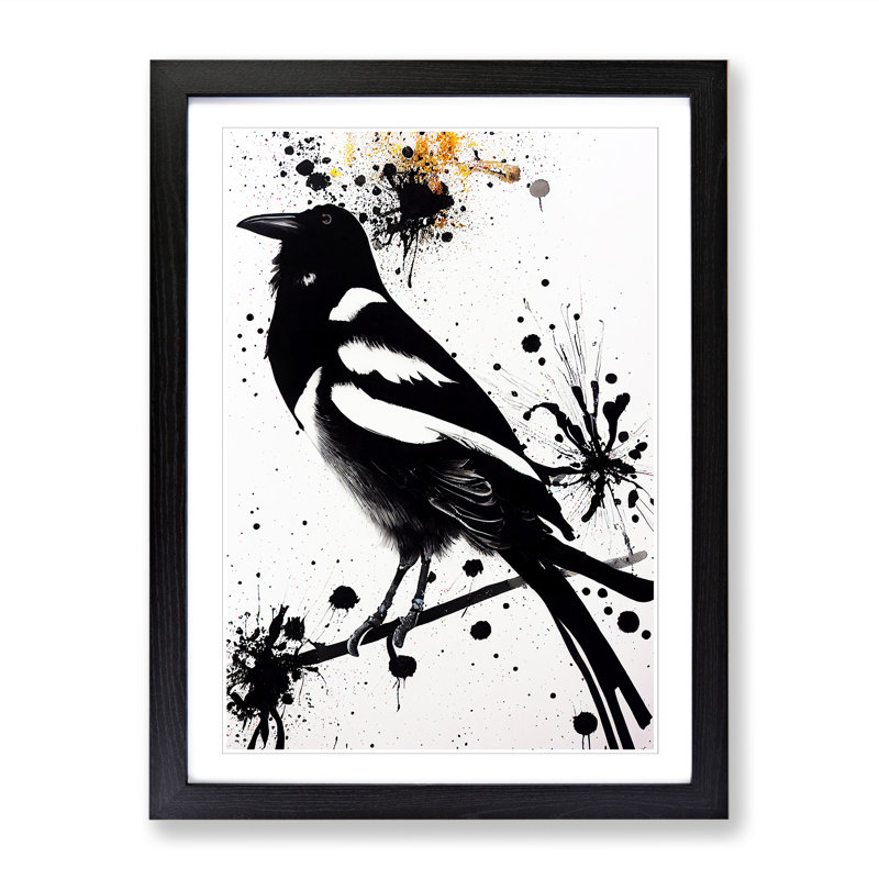 Annchen Magpie Bird Paint Splatter 1 Piece Single Picture Frame Wall Art, 46cm H x 34cm W x 2cm D, Oak