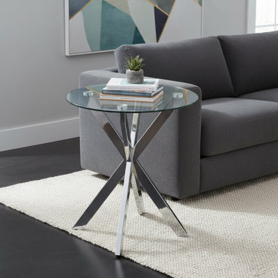 17 Stories Silver Modern Glass Side Table, With A Clear Tempered Glass Top, 19.7 X 21.7 Inches, Small Round Sofa Table For Living Room, Bedroom, Or Bedside.