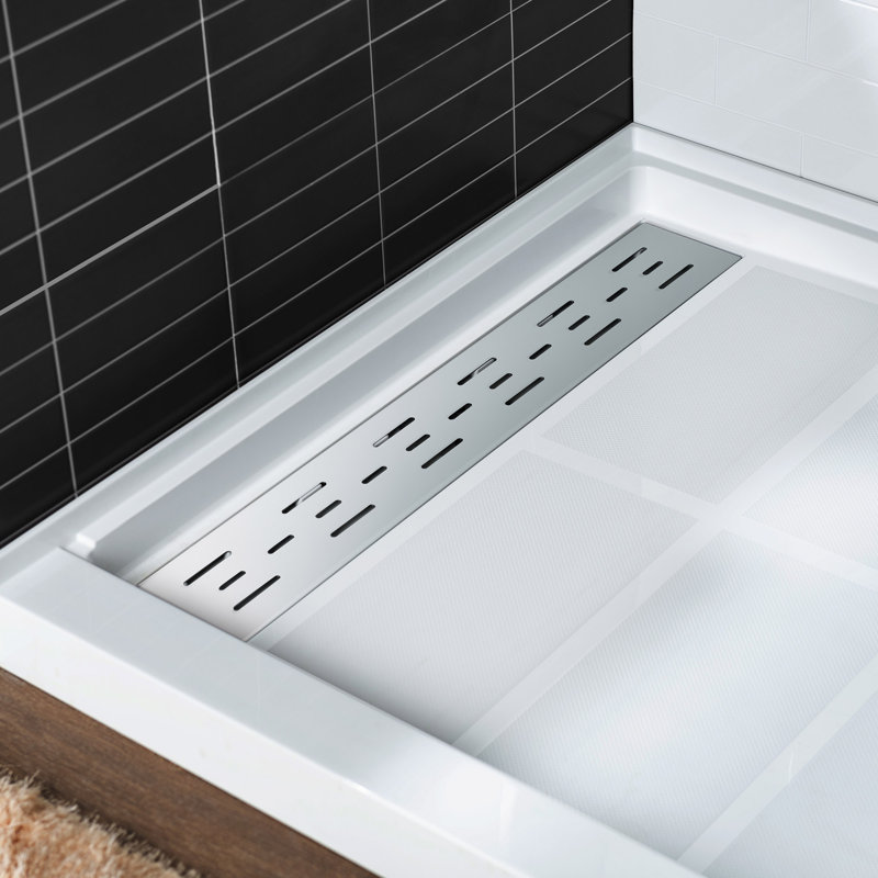  48" W x 36" D Single Threshold Non-Slip Solid Surface Shower Pan Base with Drain Assembly and Drain Cover Included, Gauche