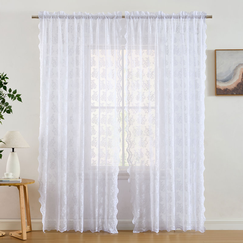 Palomares Floral Soft Decorative Lace Semi Sheer Light Filtering Rod Pocket Window Treatment Curtain, White, 54" W x 84" L