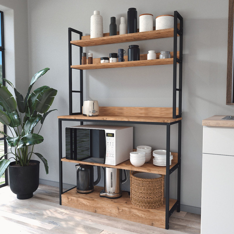 Open Style Wooden Storage Kitchen Counter with Metal Frame, Brown