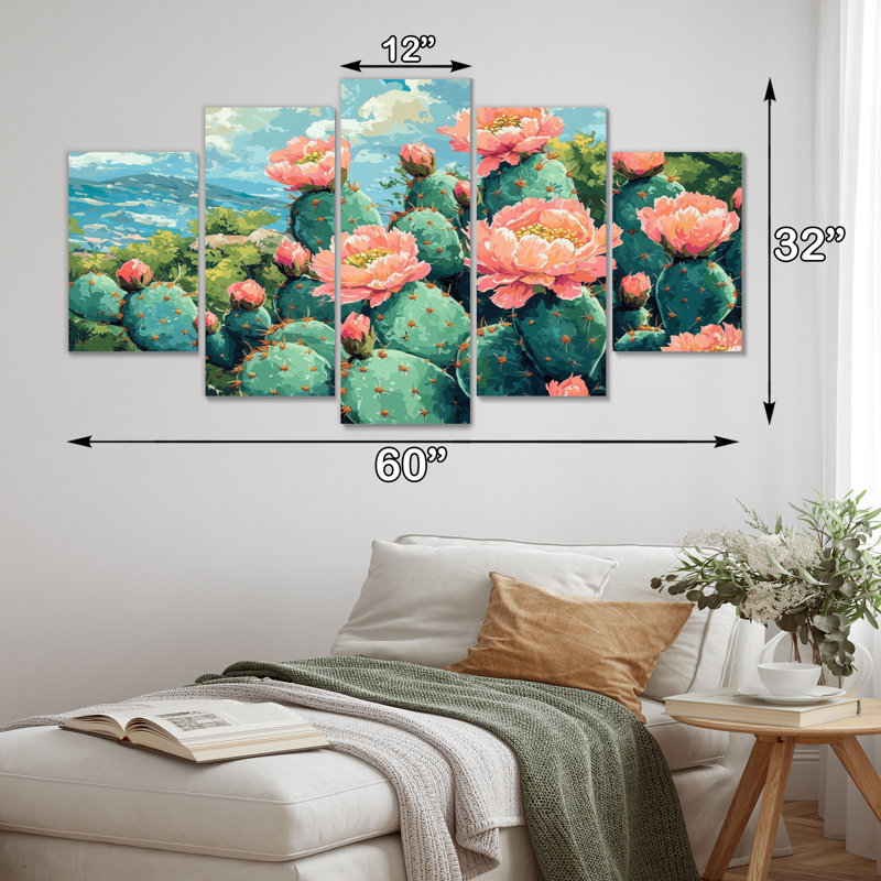 Cactus jardin en fleurs II - Art mural floral de cactus - Art mural traditionnel pour le salon