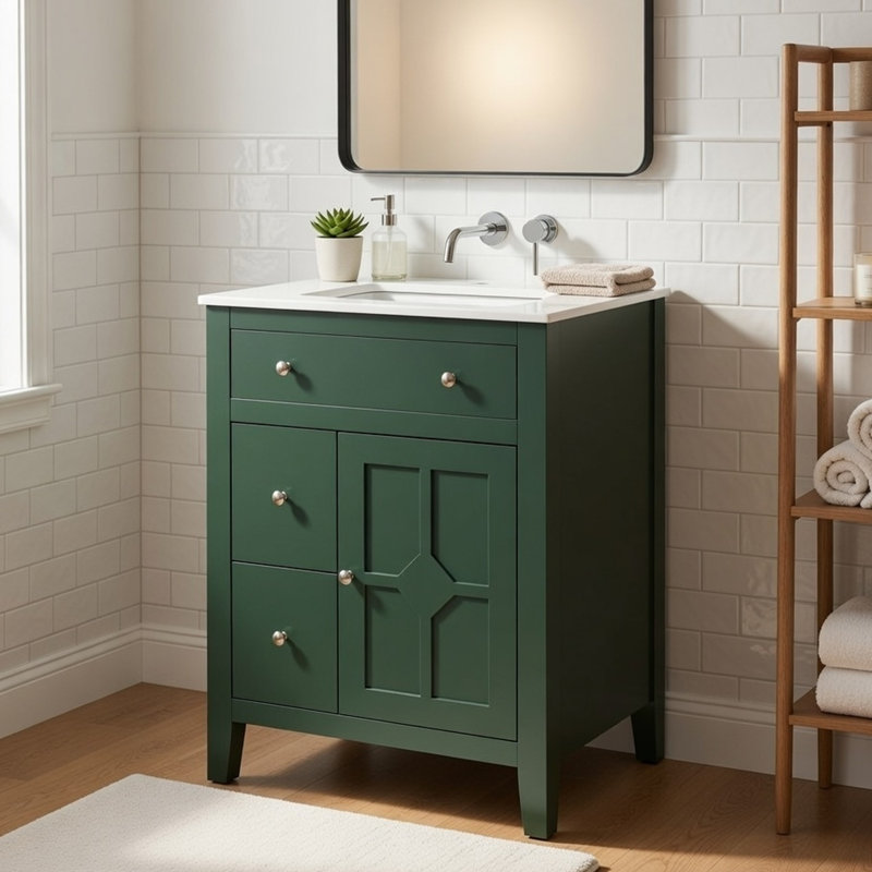 Meuble-lavabo avec lavabo en céramique Ryla, 2 tiroirs, 1 porte, vert 24 po, Vert