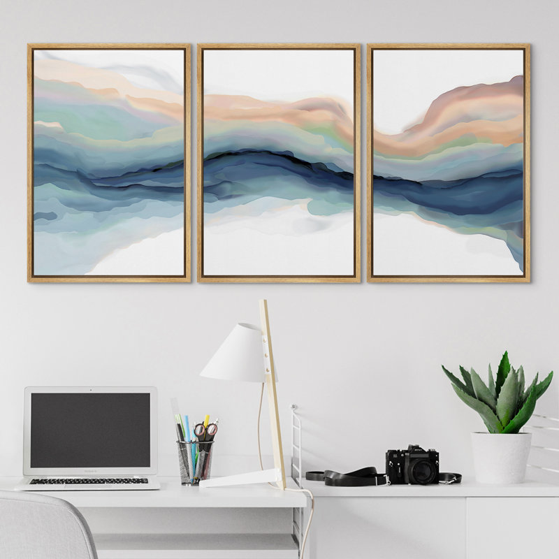 Pastel Watercolor Blue Paint Stroke Abstract Landscape- Framed Canvas Print Wall Art Work Home Decor, 24" H x 48" W, Natural