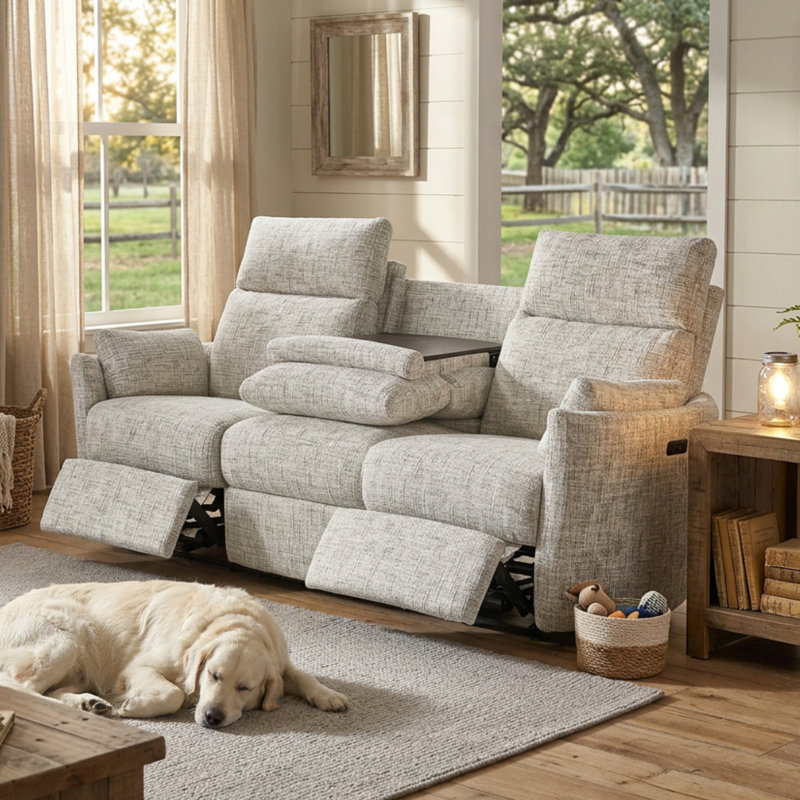 Callendale Power Reclining 3-Seater Sofa With Drop Down Table, Cup Holders, Dual USB & Type-C Ports, Cream/Gray