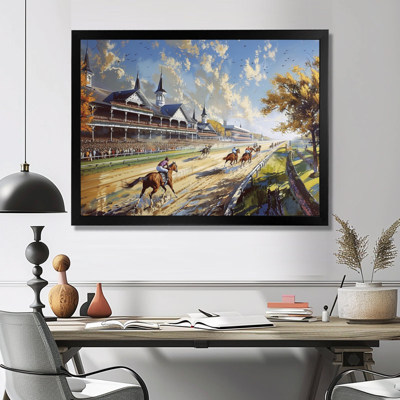 Margrie - Art mural de course de chevaux, H 16 po x l 32 po x P 1 po, Cadre simple noir