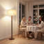 Lampe sur pied sculpturale de 157 cm en bois massif avec tige en perles de bois empilées, abat-jour tambour en lin de 46 cm, finition noyer et interrupteur au pied-1740705698