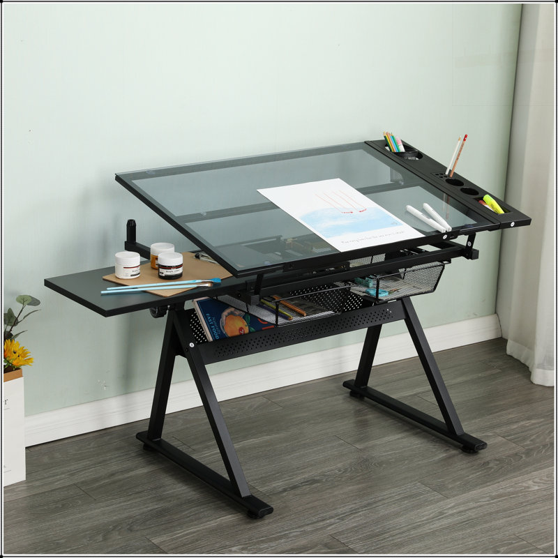 Drafting Table, 0-75° Adjustable Glass Top Artist Table - Height Adjustable Drafting Desk with Large Storage for Painting & Crafting - Ideal for Designers and Art Students