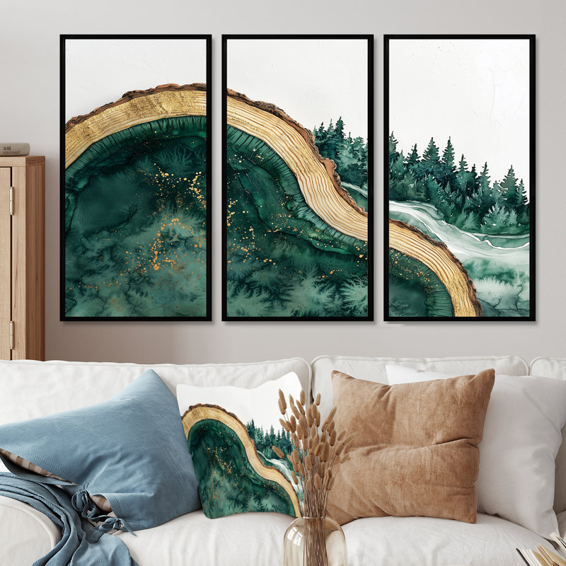«Bold Forest Landscape Path Of The Emerald River VI», art mural forêt, 3 pièces, H 28 po x l 36 po, Noir