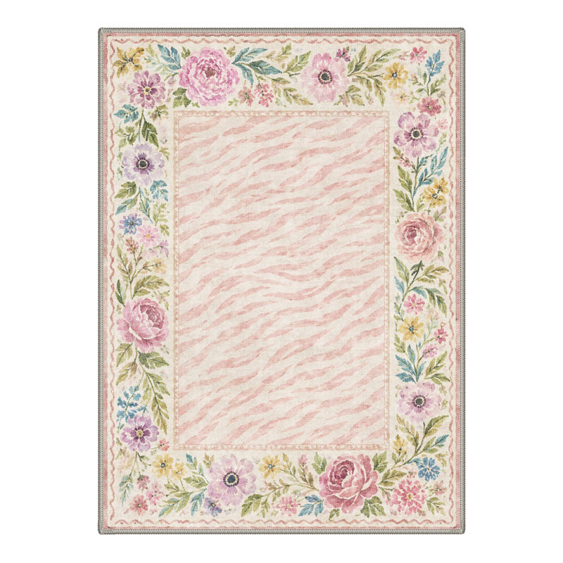 Machine Washable Floral Print Ivory / Pink Hallway Runner With Non-Slip Backing, Rectangle 6' x 9'