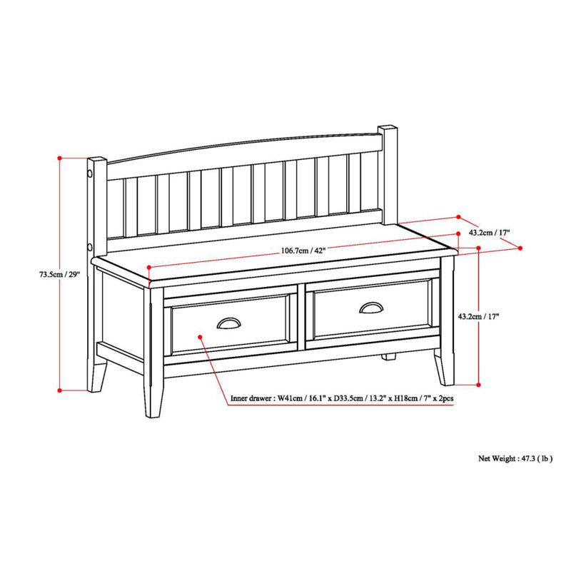 Black Solid Wood Entryway Bench with Storage Drawers