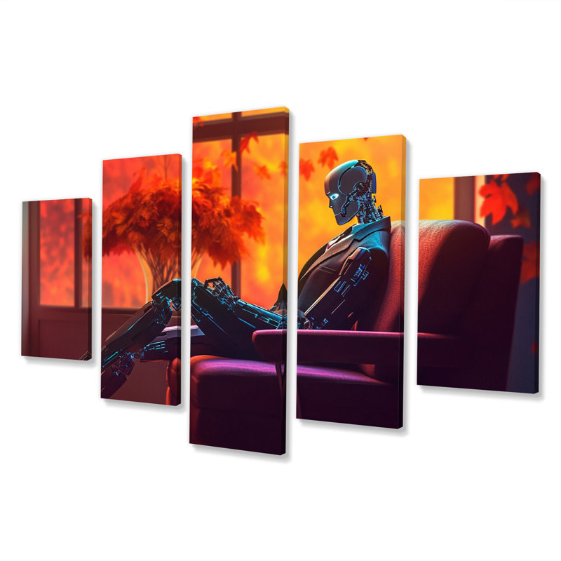 Stylish Humanoid Android Sitting On Couch I - Robot Canvas Art Print - 5 Panels