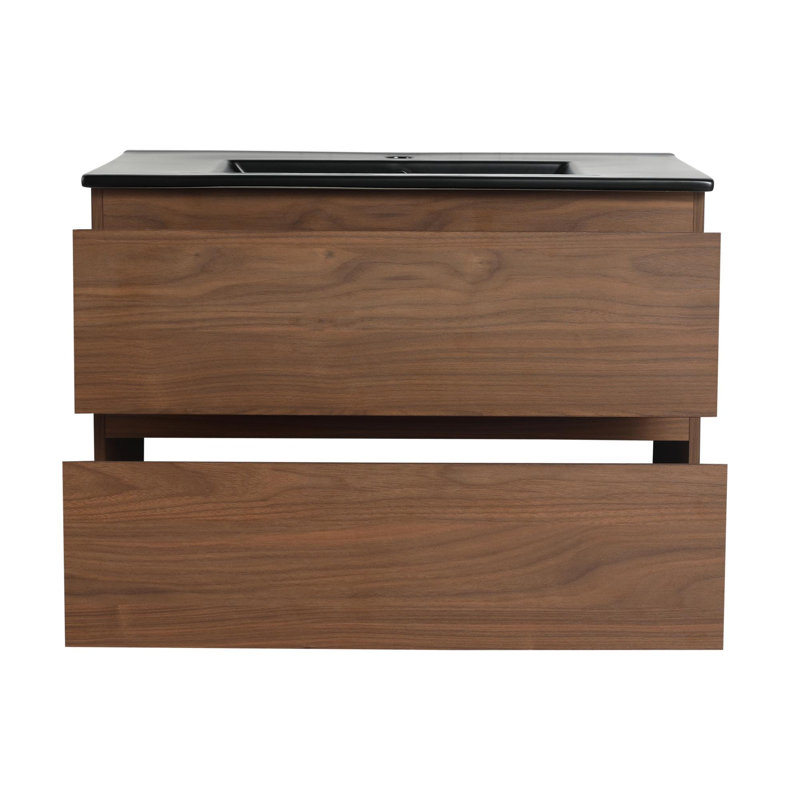 Alyshea 30'' Single Bathroom Vanity with Ceramic Top, Brown Oak