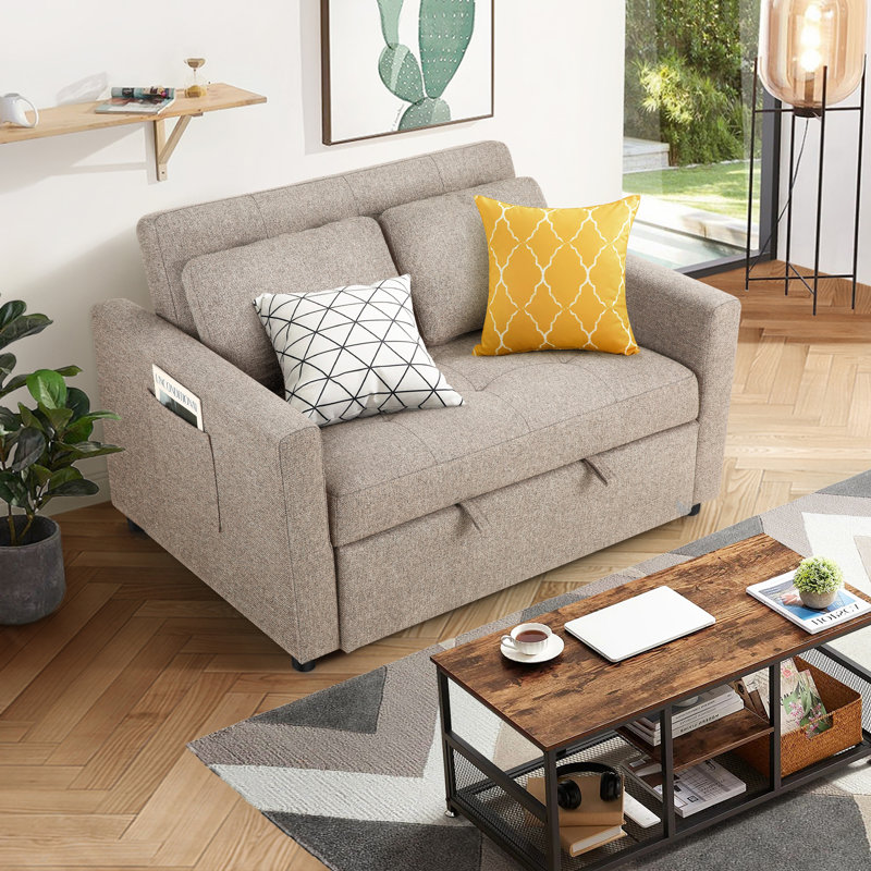 Vadims 48.5'' Upholstered Reclining Sleeper Sofa, Taupe Linen