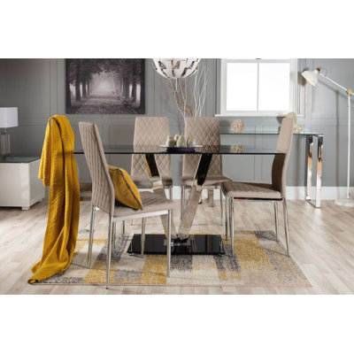 Ransart Modern Luxury Glass & Metal Dining Table Set With 6 Quilted Faux Leather Dining Chairs